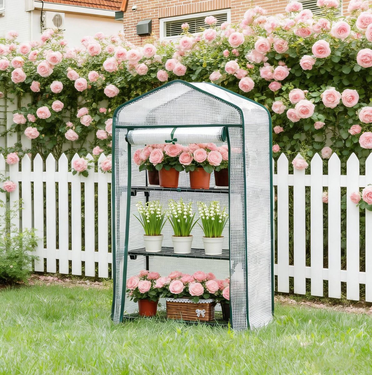 HAUSS SPOLE Kas – 69 x 49 x 125 cm – Met Oproldeur En 3 Niveaus – Metaal En Polyetheen – Wit – Voor Balkon, Terras En Tuin
