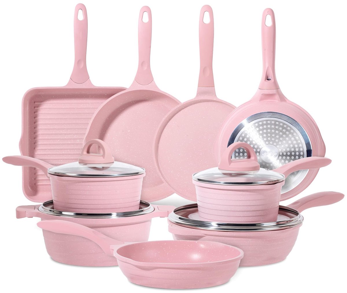 SnelShoppen - Pannenset 23 Stuks Granieten Antiaanbakpan Inductie Kookpannenset met Deksel Braadpan Grillpan Kookpan Crêpe-pan Roze Keuken Accessoires