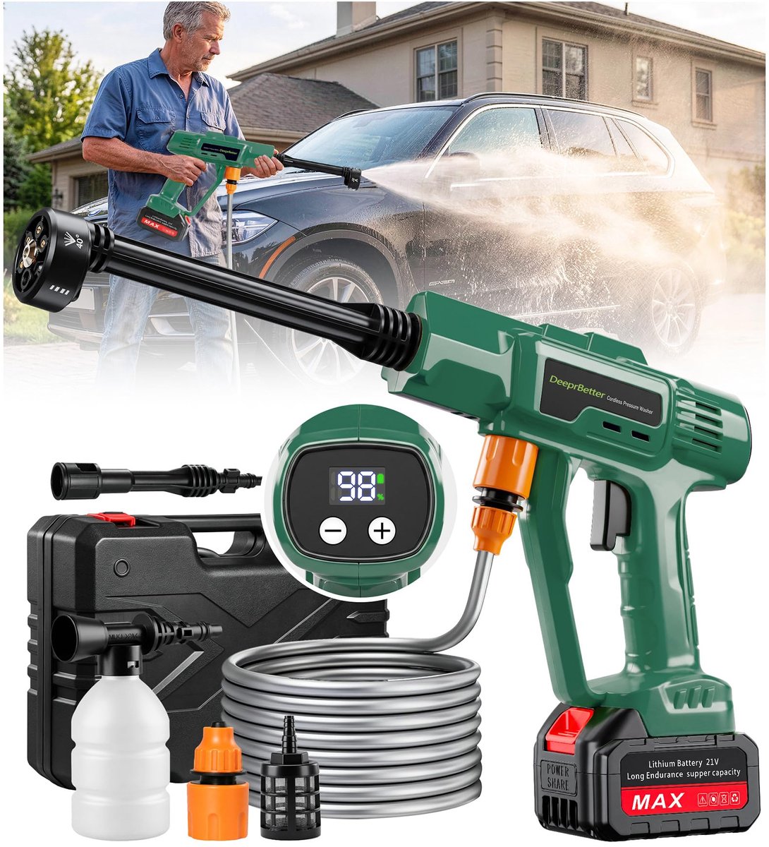SnelShoppen - Accuhogedrukreiniger 600 psi Mobiel Draagbaar met 6-in-1 Multifunctioneel Mondstuk en 3 Instelbare Snelheden - Kleine Hogedrukreiniger v
