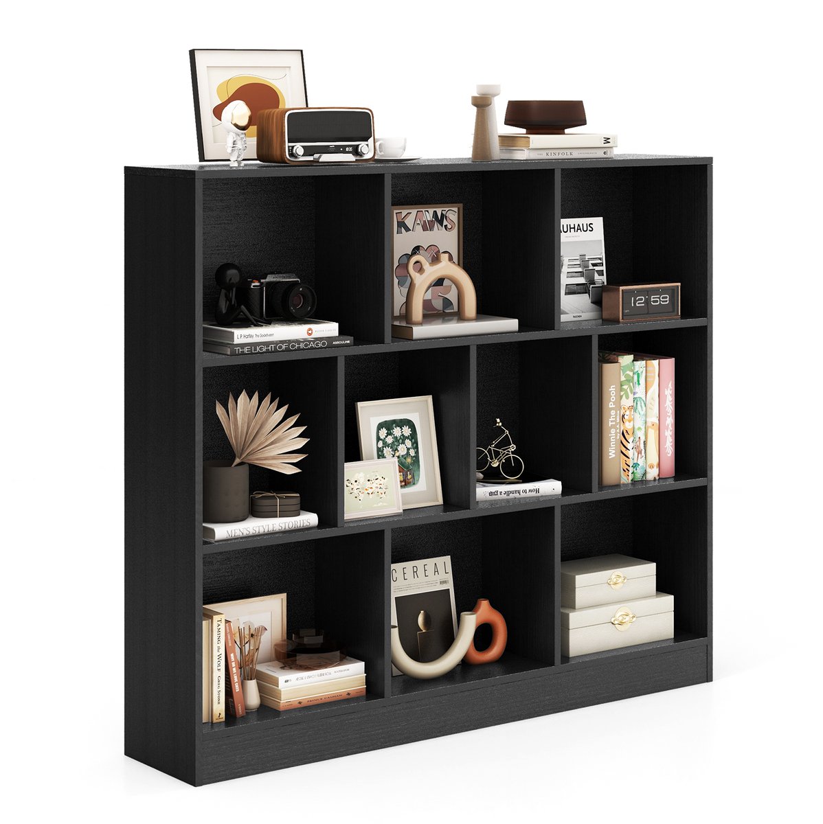 COSTWAY Boekenkast met 10 vakken, staand rek met 3 niveaus, kubusrek, kantoorplank, opbergrek voor woonkamer, slaapkamer, werkkamer, kantoor (zwart, 120 x 24 x 104 cm)