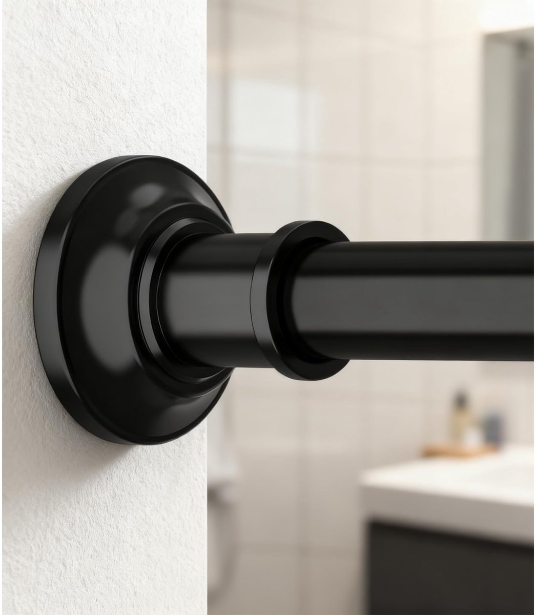 SnelShoppen - Gordijnstang 76-123 cm, Telescoopstang zonder boren, Douchestang voor Badkamer en Kledingkast, Zwart, Diameter 28 mm