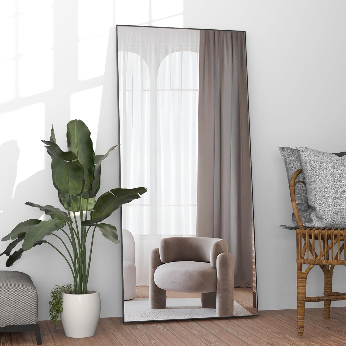 SnelShoppen - Volledige lengte spiegel 165x60cm - Vloerspiegel grote zwarte rechthoekige spiegel voor slaapkamer en woonkamer, staand of leunend, alum
