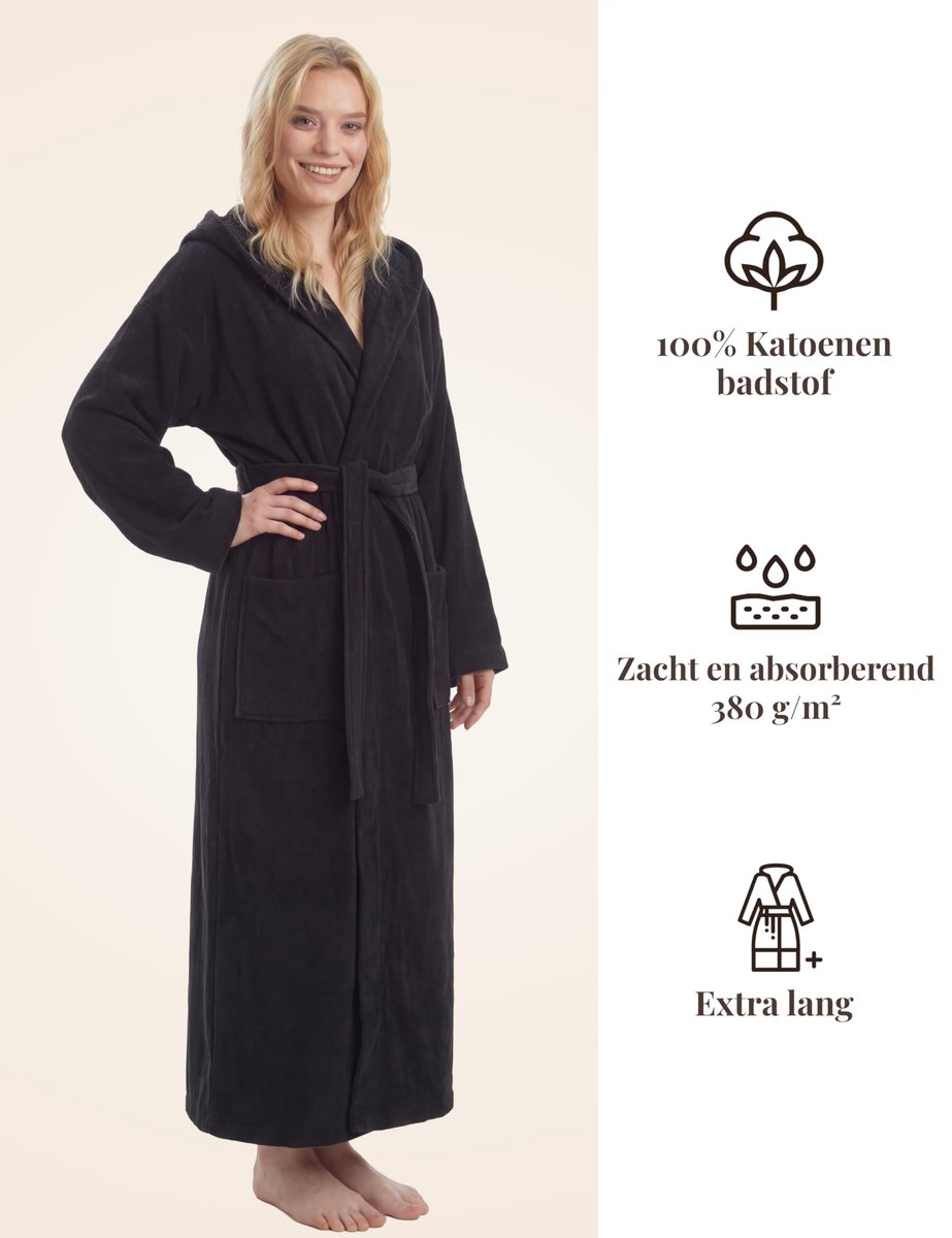 SnelShoppen - Dames Badjas Extra Lang met Capuchon, 100% Katoen Badstof 380 g/m², Luxe Zwarte Badjas L-XL voor Thuis, Wellness en Ontspanning