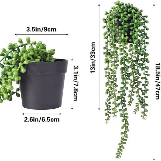 Dimensions d'une plante artificielle retombante aux feuilles sphériques. La plante mesure 47 cm de long et le pot 9 cm de large.