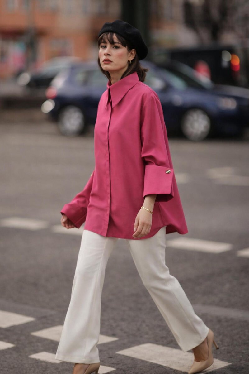 Touché Privé - Poplin blouse met brede manchetten - Fuchsia - Dames