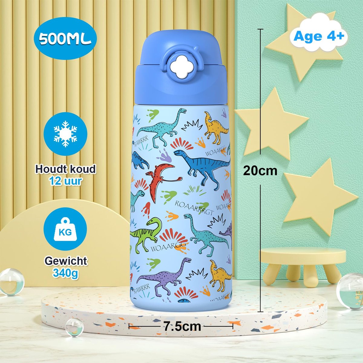 SnelShoppen - Kinder Waterfles met Pop-up Stro, 16 Oz Lekvrije Roestvrij Stalen Drinkbeker voor School, Dinosaurus Design, Perfect voor Kids, Feest, C