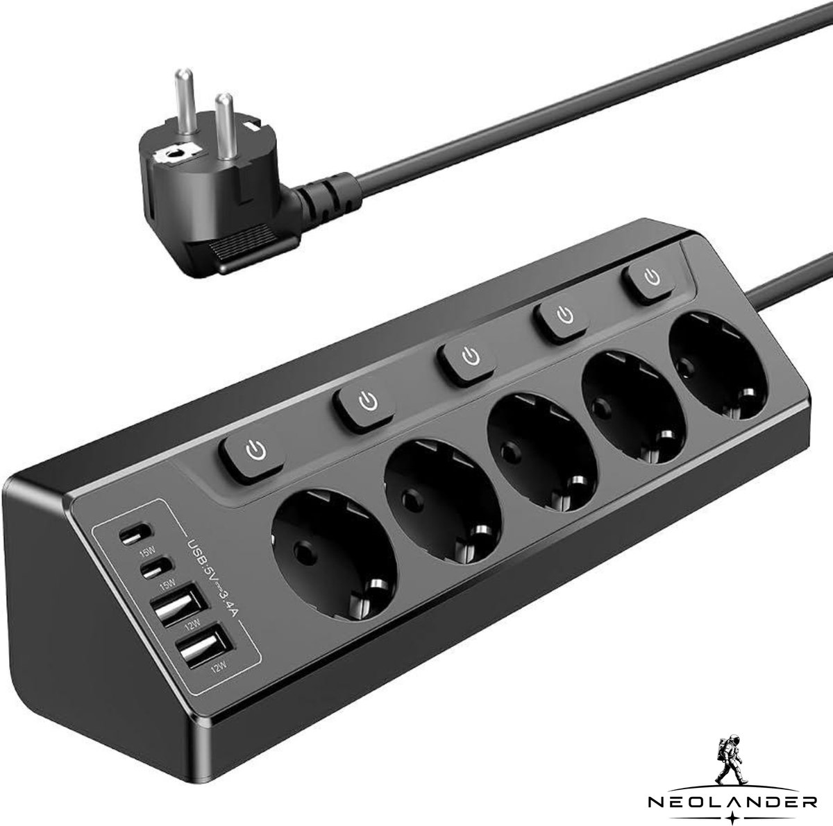 NeoLander - Hoekstekkerdoos - 5-voudige Stekkerdoos met 4 USB-poorten - 2 USB-C & Onafhankelijke Schakelaars - 2 m Kabel en Kinderbeveiliging - Zwart
