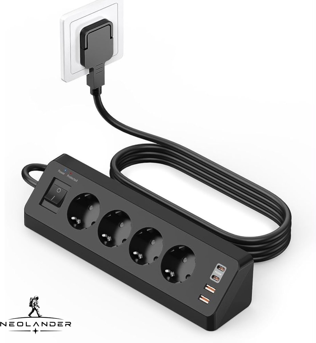 NeoLander - 8-in-1 - Hoekstekkerdoos - 4 Stopcontacten + 4 USB-poorten - USB-C PD 20W & Overspanningsbeveiliging - 2 m Kabel Zwart