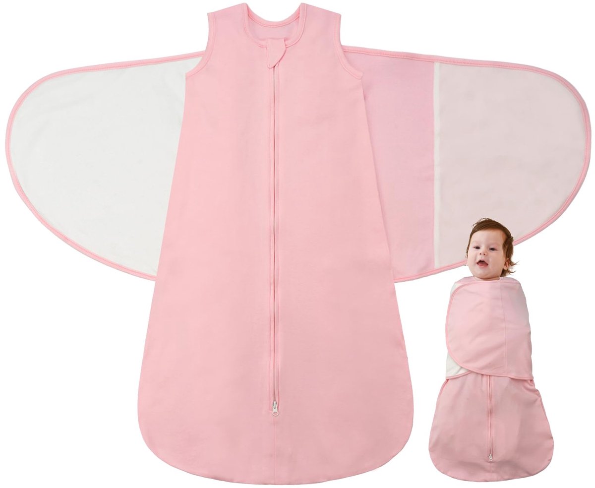 SnelShoppen - Baby Swaddle Bag 1.0 Tog 3-in-1 Aanpasbare Stille Haak Baby Slaapzak 100% Katoen 0-6 Maanden, Roze - Perfect voor Comfortabele Nachten