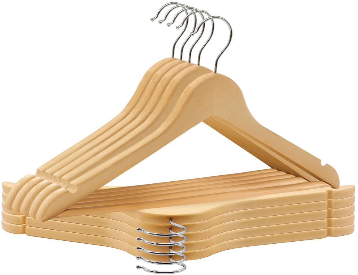 SnelShoppen - ABHENG houten kledinghangers 10 stuks, natuurkleuren + zilver, stijlvolle kledingoplossing voor elke garderobe, duurzaam en stevig