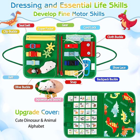 Montessori Activiteitenboek - Busy Board - Motoriek Speelgoed - Leren Klokkijken - Educatief Speelgoed - Dieren Groen — afbeelding 4