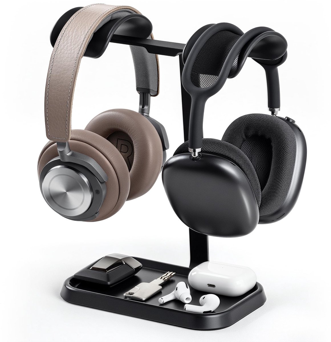 SnelShoppen - Dubbele Hoofdtelefoonstandaard met Opbergvak - Gaming Headsethouder met Zware Basis - Zwart - Desk Stand voor Hoofdtelefoons en Accessoi