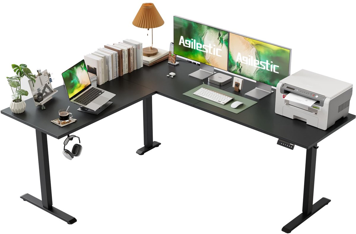 SnelShoppen - L-vormig in hoogte verstelbaar bureau 190 x 155 cm, elektrisch verstelbaar hoekbureau, ergonomisch zit-sta tafel computerbureau, zwart,