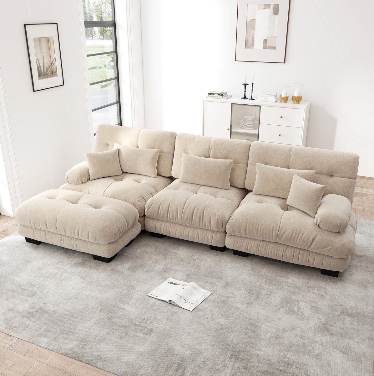 COVREO Hoekbank 313 x 145 x 81 cm - Light Coffee chenille, met ottoman licht koffiebruin