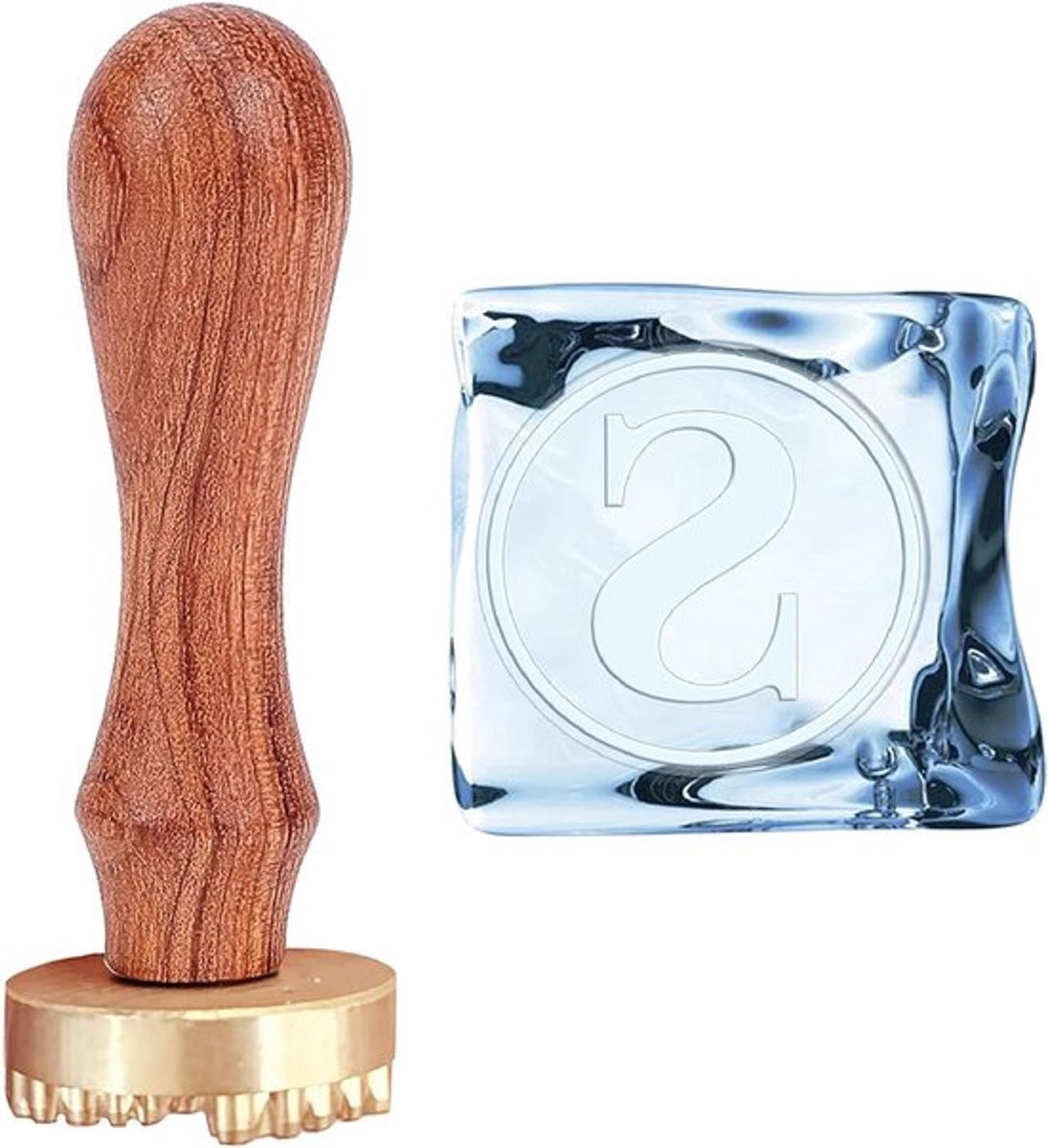 - IJsblokjesvorm - Initialen S - IJsstempel - Koper - Stempelkop - Afneembare Houten Handgreep - Fluwelen Zakjes - IJsdrankjes - IJs maken - Tool