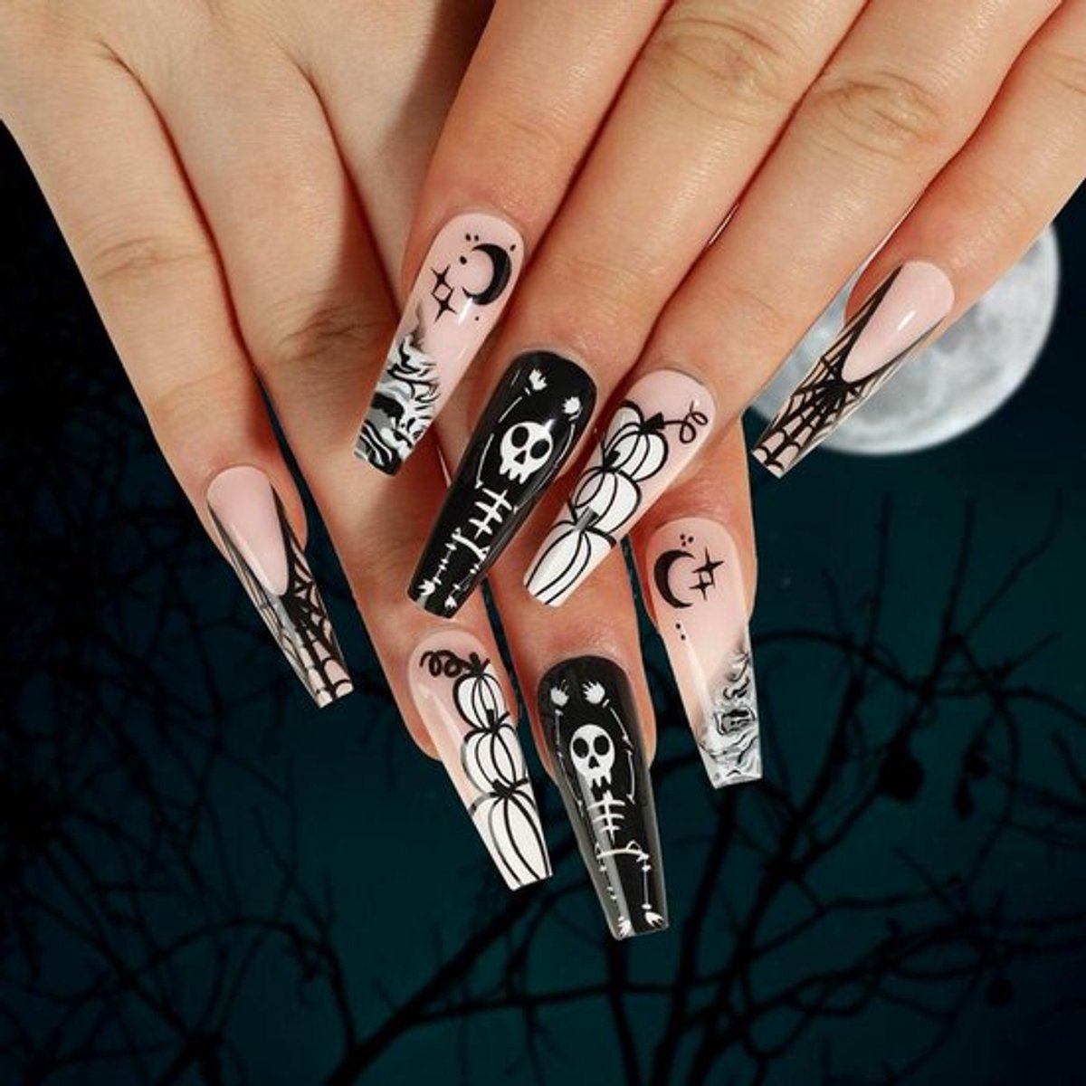Zwarte valse nagels Halloween - 24 stuks opplaknagels met menselijk skelet design - Voor vrouwen en meisjes