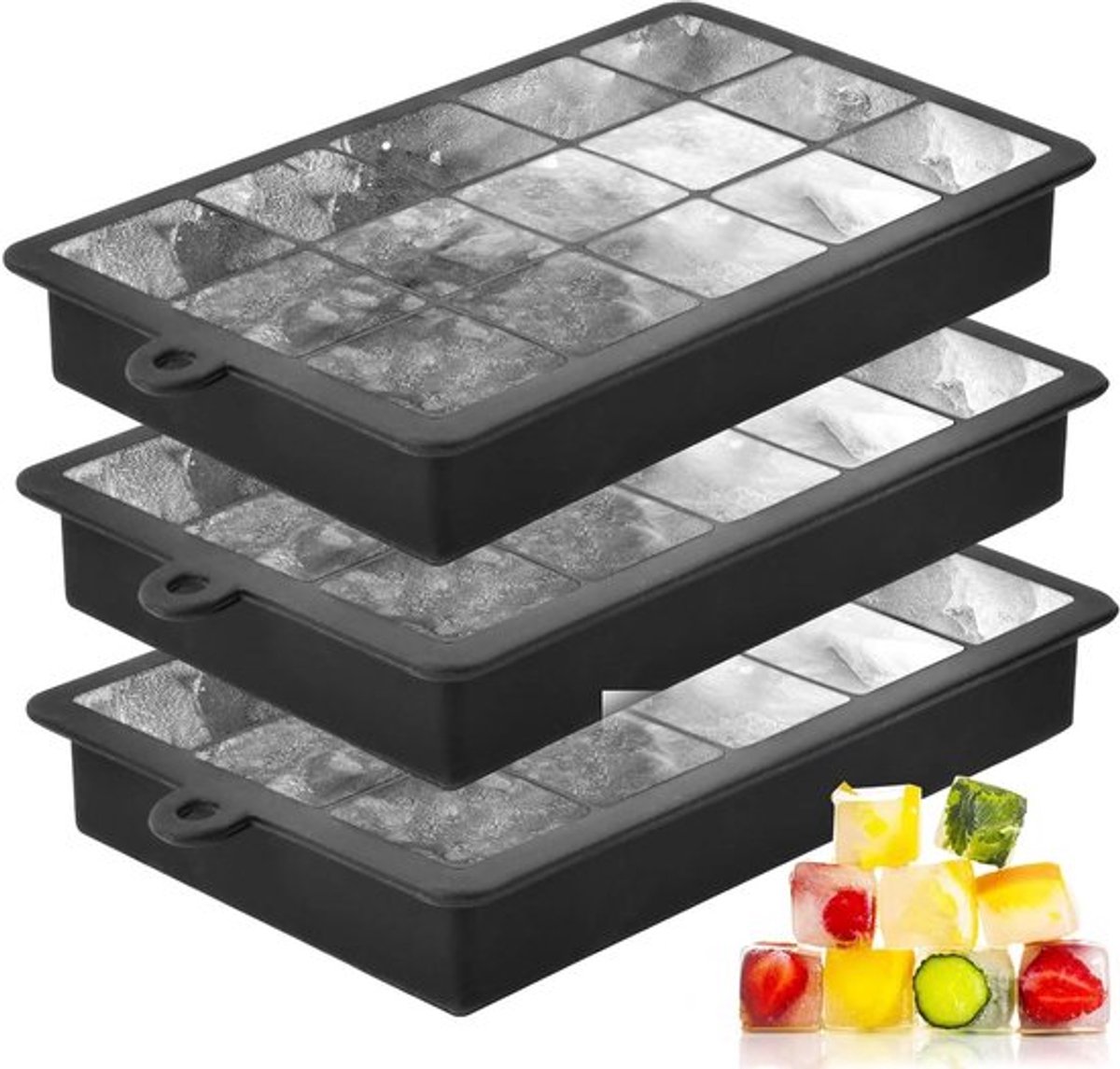 IJsblokjesvorm siliconen - set van 3 - 45 vakken - met deksel - BPA-vrij - geschikt voor levensmiddelen - 20 x 12 x 3,3 cm - zwart - cocktails whisky feestjes.