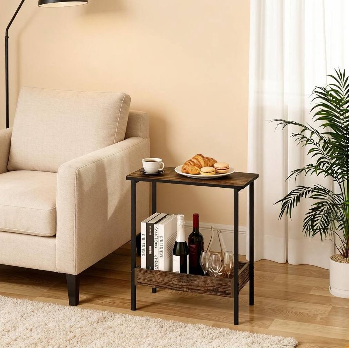 STILVORA Bijzettafel - Vierkante Opbergrek Met Twee Lagen - Voor Bank, Bed En Hal - Hout En Metaal - Zwart En Donker Eiken - 50x25x55 Cm