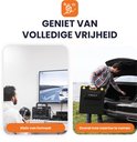 Man met controller bij tv; draagbare powerstation op bureau. Man laadt powerstation in auto met zonnepaneel.