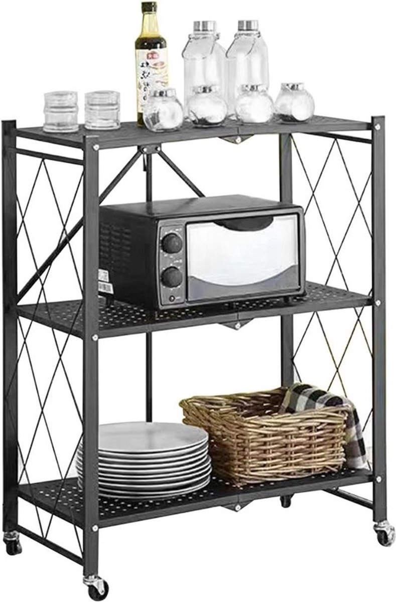 Opvouwbare serveerwagen met 3 niveaus, op wielen, voor keuken, badkamer, kantoor - Metaal constructie