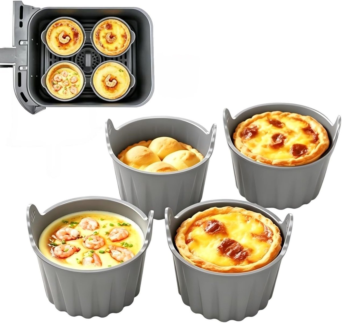 Siliconen bakvorm - 4 delige set bakvormpjes voor de airfryer - Met handvat - Herbruikbaar - Voor eieren cupcakes muffins pudding - Grijs