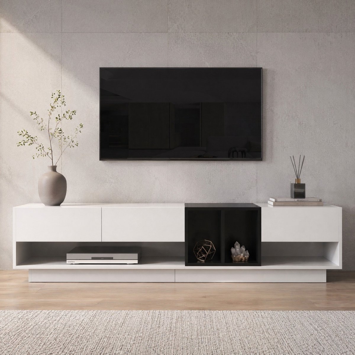 COVREO TV meubel 190 x 40 x 42 cm - hoogglans wit en zwart, 3 lades en 2 vakken