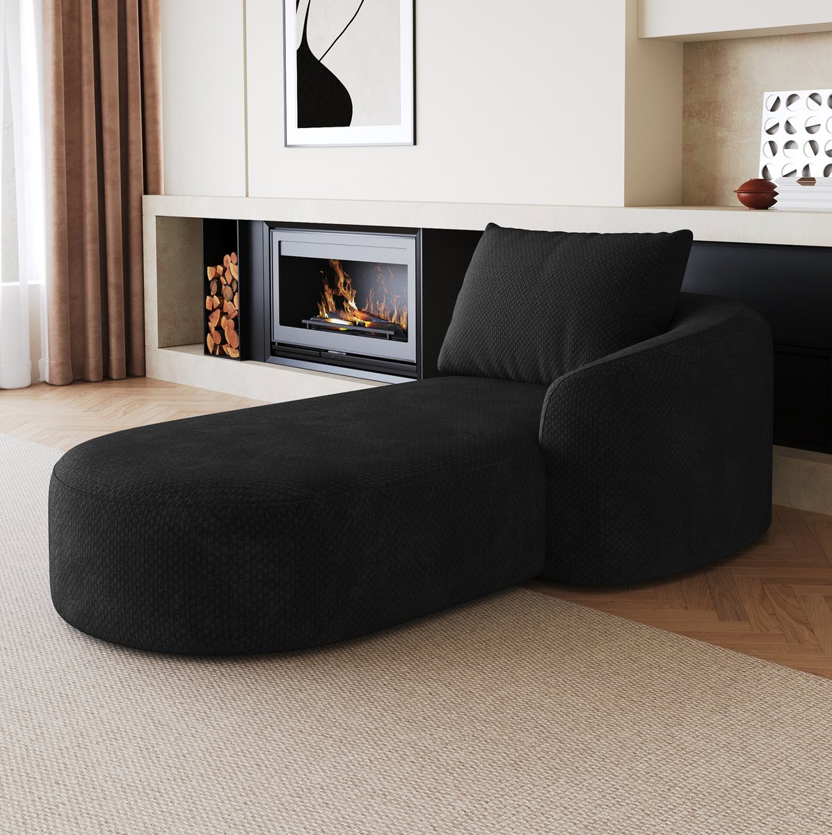 REDOM - Slaapbank - Rechts - 1-zits - Chenille stof - Zonder montage - Voor woonkamer, appartement en slaapkamer - Zwart - 168 x 106 x 85 cm