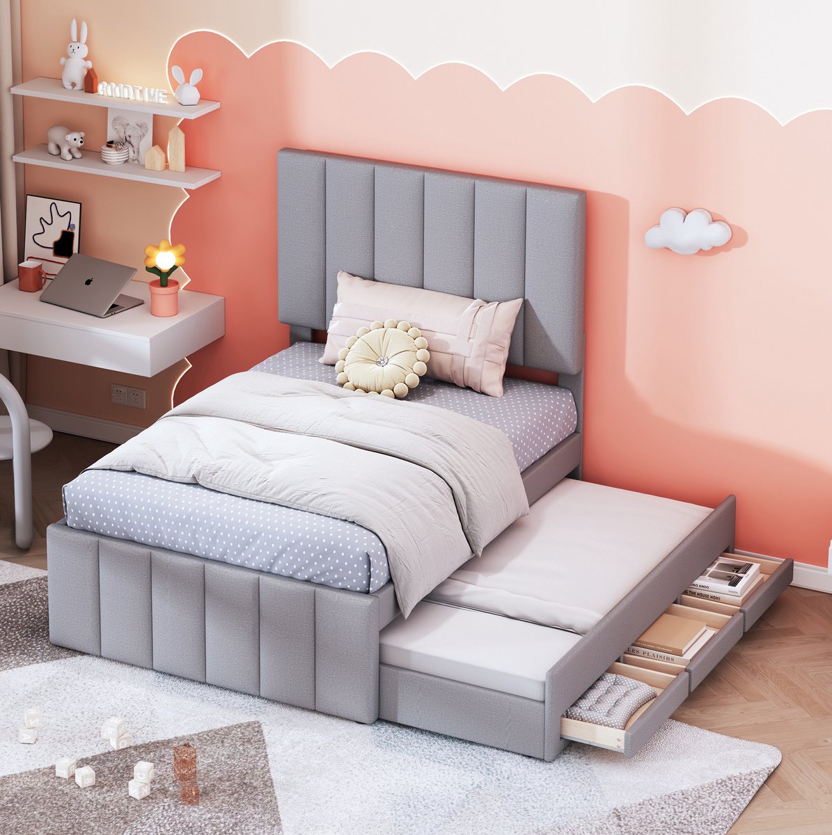 COVREO Polsterbed 90 x 200 cm met uitrekbaar bed en 3 lades, grijs, hoogte verstelbaar