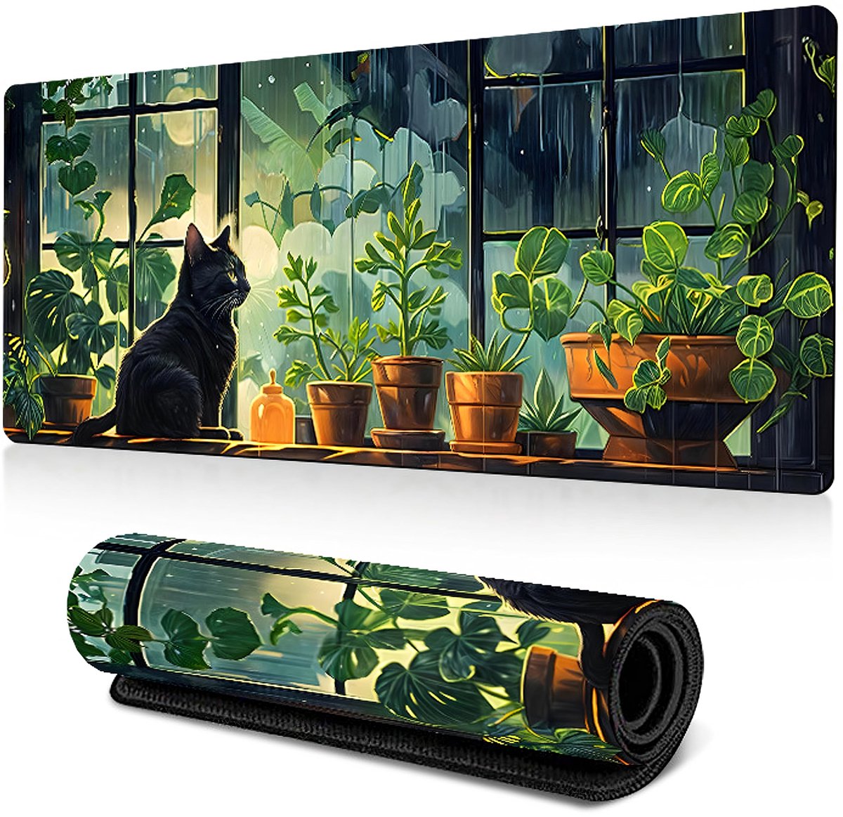 SnelShoppen - Leuke gaming-muismat XXL 800x300 mm - Groen bureaumat met maan en kitten - Antislip rubberen basis - Waterafstotend bureauonderlegger vo
