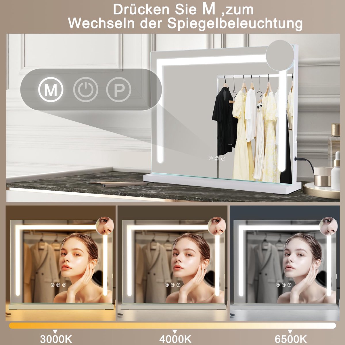 SnelShoppen - Mursche Make-upspiegel met Verlichting 58x60 cm - LED Spiegel met Touch-Dimbaar Licht, 3 Kleurmodi, 5-voudige Vergroting, USB-aansluitin