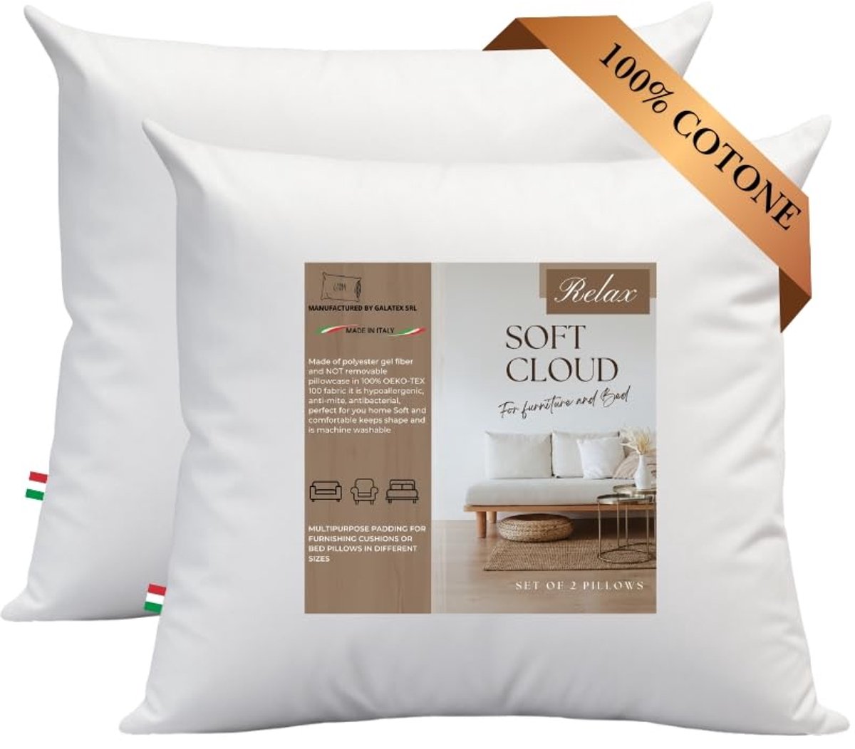 Dailygoods- Kussens Set van 2 - 65 x 65 cm - Hypoallergene Vezelvulling - Polyester Gel - Comfortabel - Made in Italy - Decoratiekussen