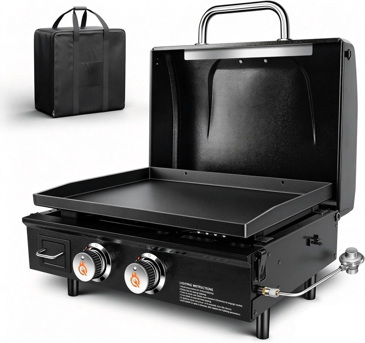 SnelShoppen - Tafelgasgrill met 2 branders, 55,9 cm, keramische antiaanbaklaag, grillplaat plancha, 43.800 BTU, propaangrill met deksel en draagtas -