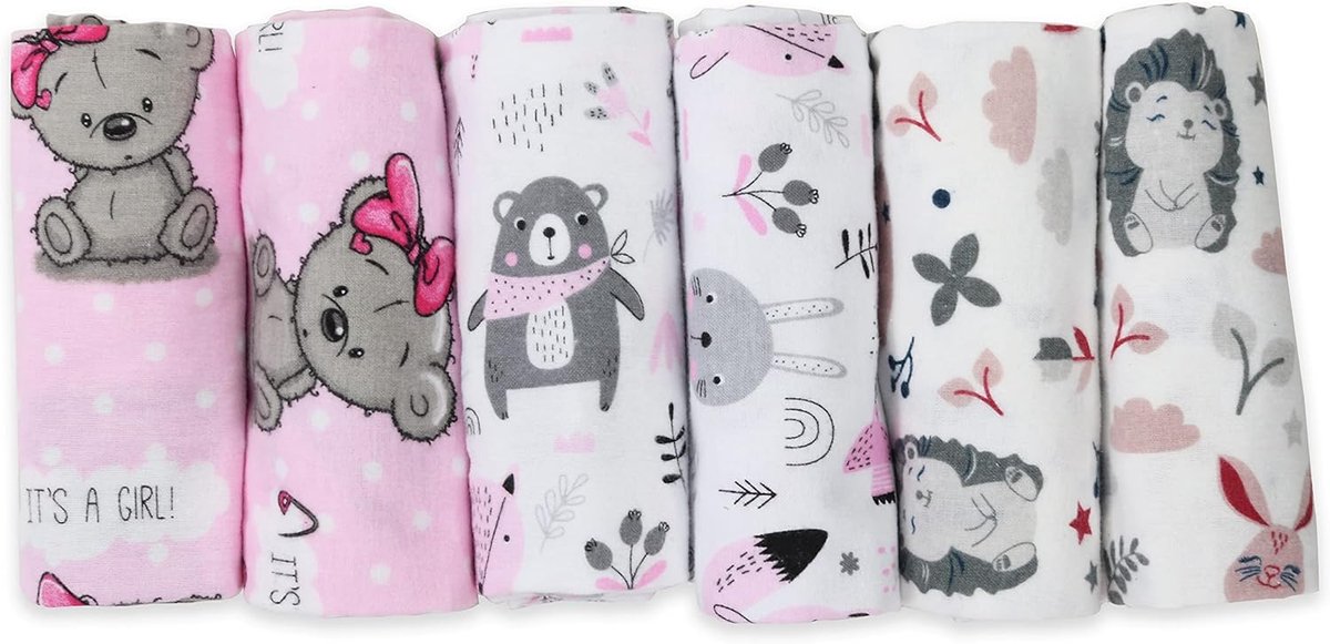 SnelShoppen - Molton doeken 80x80 cm - 6 stuks flanellen luiers 100% katoen - Uniseks spuugdoekjes voor baby - Teddybeer motief - Spuugdoek Moltonluie