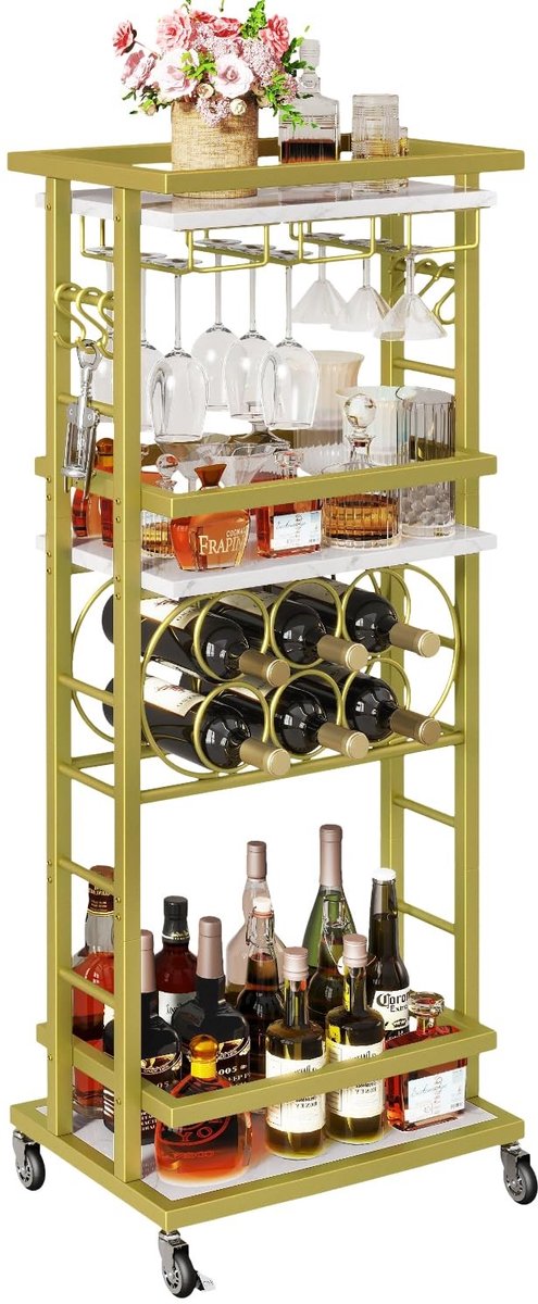 Dailygoods - 4-laags Bar Cart met Wielen - Vrijstaand Wijnrek voor Dranken, Wit