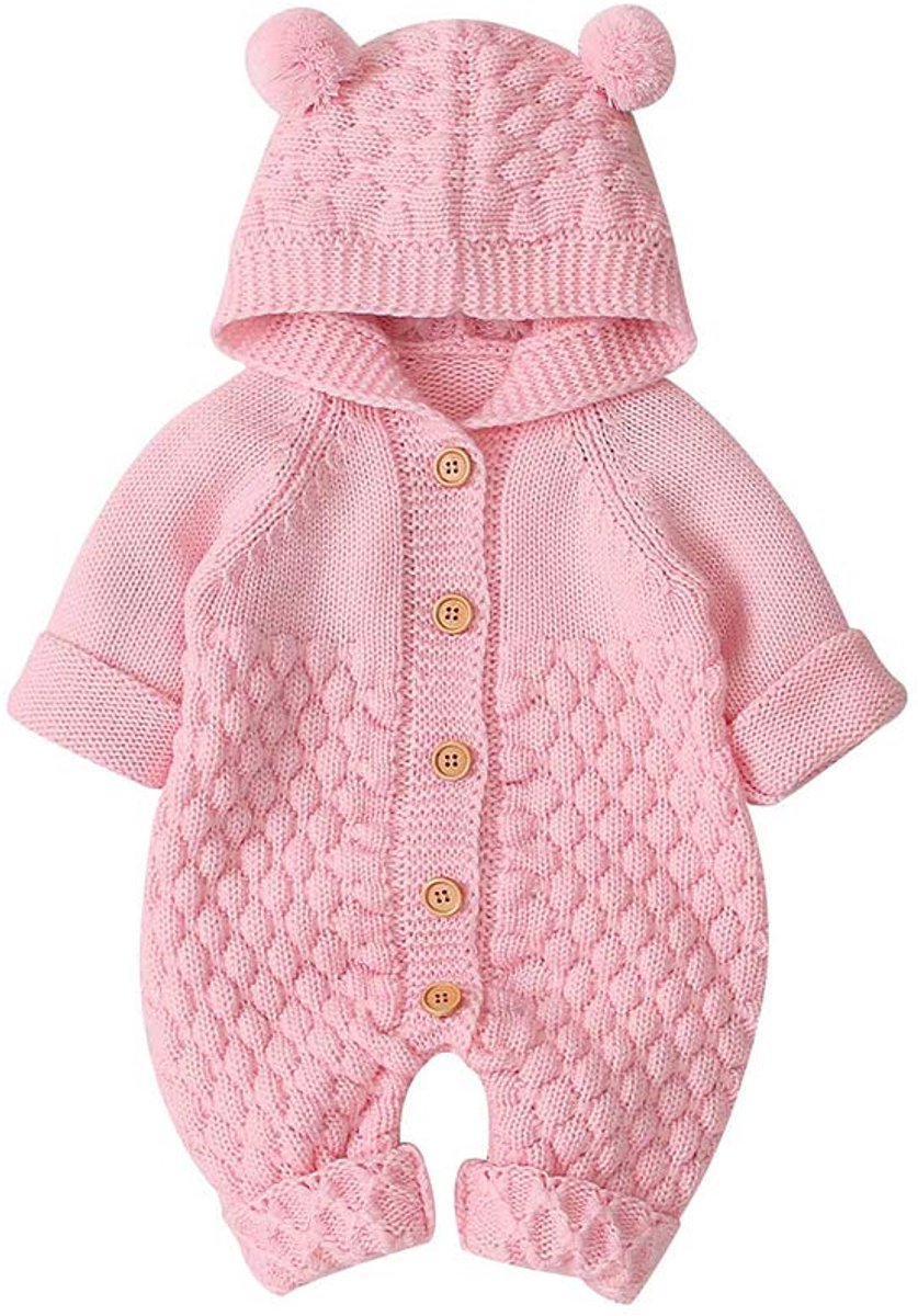 SnelShoppen - VICROAD Babyrompertje Gebreide Overall met Capuchon en Schattige Oren voor Jongens en Meisjes, Roze, 6-12 Maanden, Perfect voor Pasgebor
