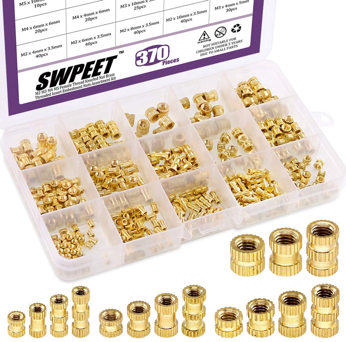 Dailygoods - 370 Stuks Messing Inslagmoeren Assortiment Kit voor 3D-Printen