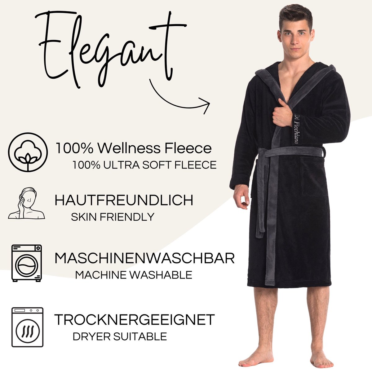 SnelShoppen - Di Ficchiano Monza badjas met capuchon voor heren, pluizige kimono, elegante microvezel ochtendjas, zwart-grijs, maten S - 5XL, Öko-Tex-