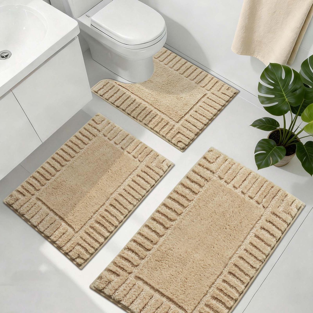 SnelShoppen - Famibay Badmat Sets 3-delig, Antislip, Absorberend, Wasbaar, Bad- en Sokkelmat, Beige Microvezel Badkamervloermat, Zacht Toilettapijt vo