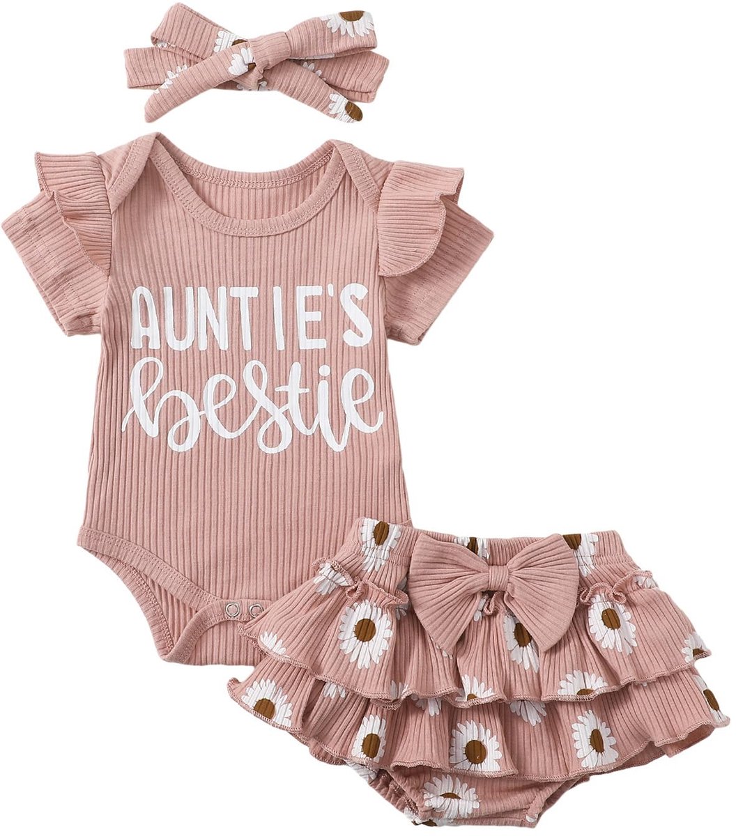 SnelShoppen - Peuter Baby Meisje Zomer Outfit Set - Korte Mouw Romper met Bloemen Shorts en Hoofdband - 3 Stuks - Geribbelde Kleding voor Pasgeboren -