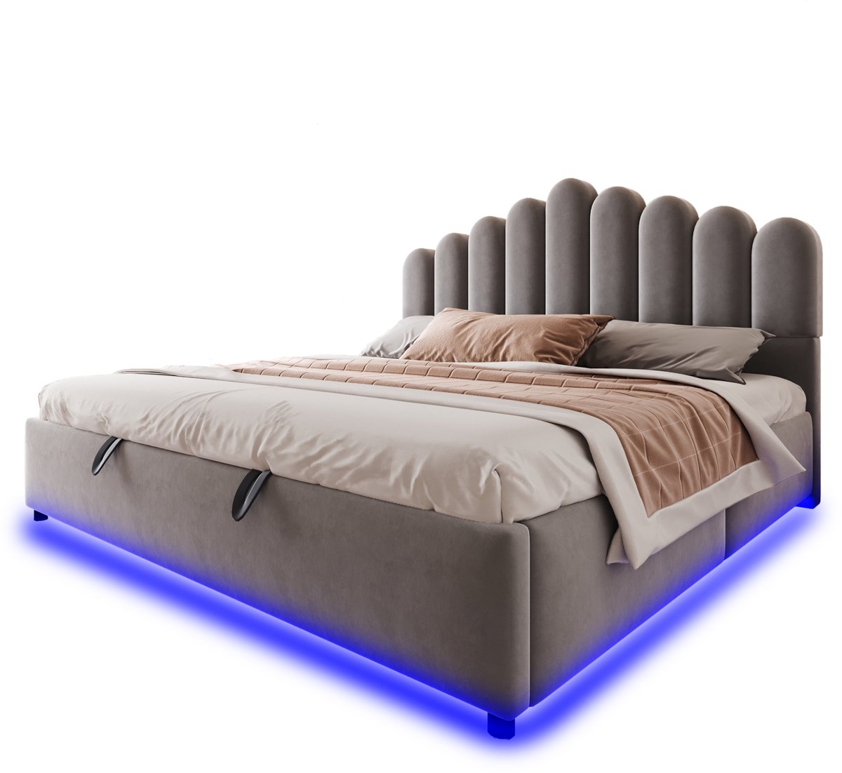 Polsterbed 180x200 cm – Opklapbed Met LED Verlichting – Hydraulische Opbergruimte – Voor Volwassenen Slaapkamer – Fluweel Stijl – Grijs – Zonder matras
