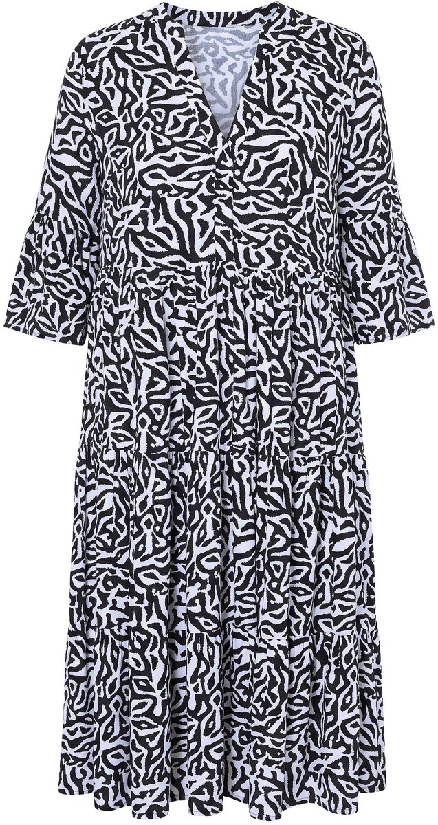 Studio Untold - Dames - Midi-jurk A-lijn grafische print volants - Zwart - Maat 50+