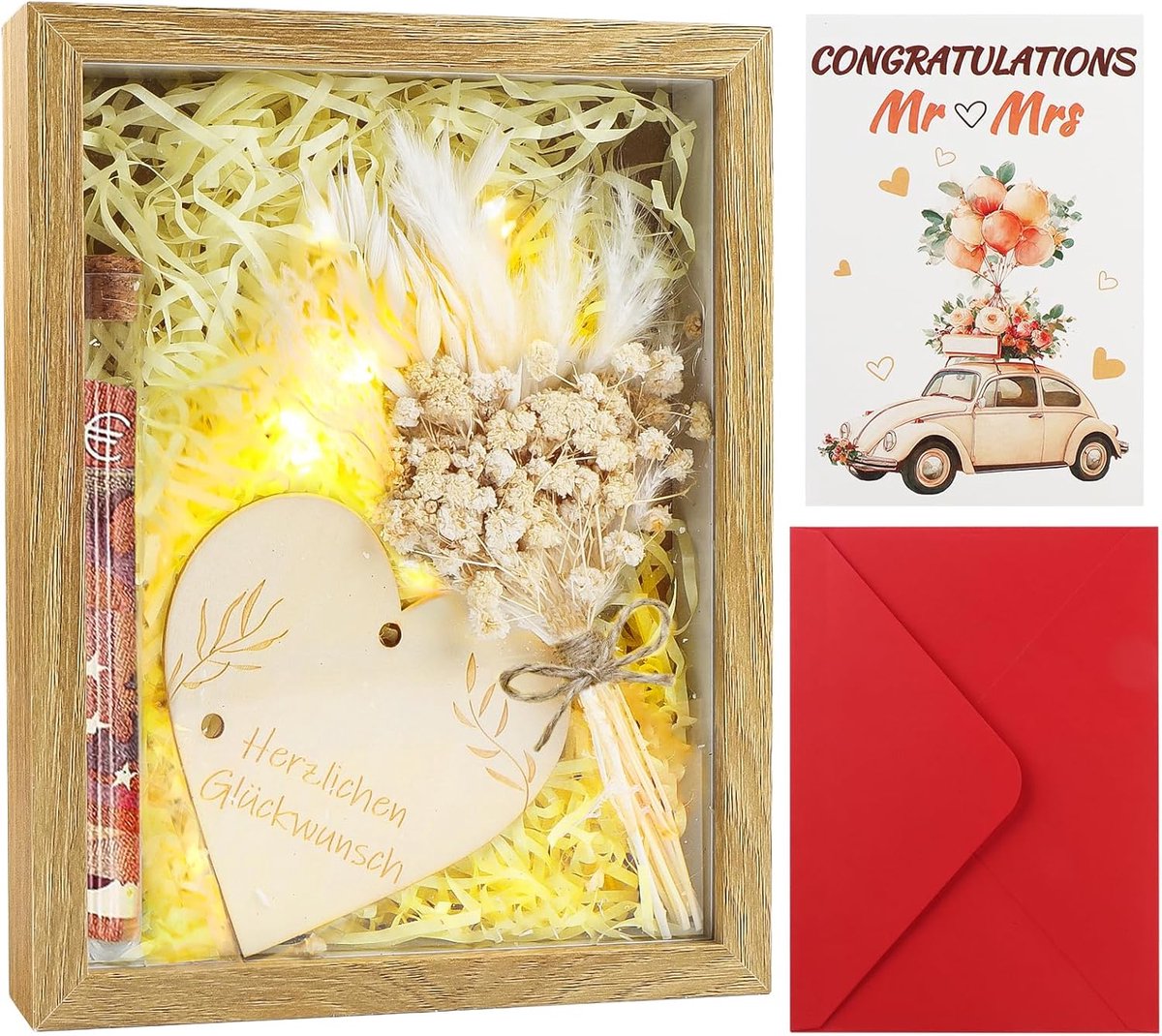 Huwelijksgeschenken voor bruidspaar inclusief houten doos droogbloemen hartvormige houten blokken reageerbuis en lichtkettingen geldgeschenken voor bruidspaar verloving