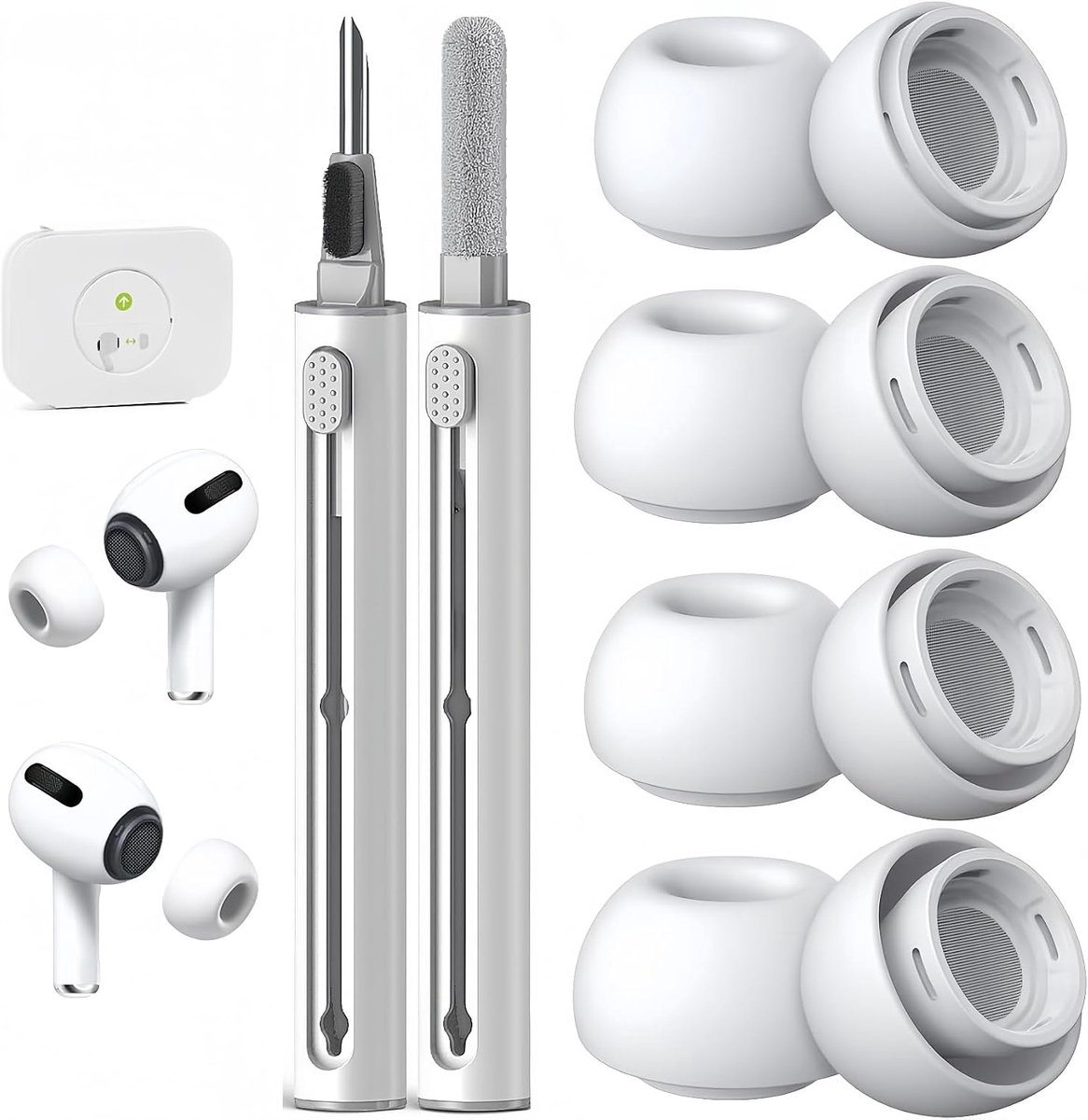 4 paar vervangende oordopjes voor 2025 AirPods Pro 3 met 2 stuks 3-in-1 reinigingspen - witte siliconen oordopjes met draagbare opbergdoos (wit - 4 paars-M)