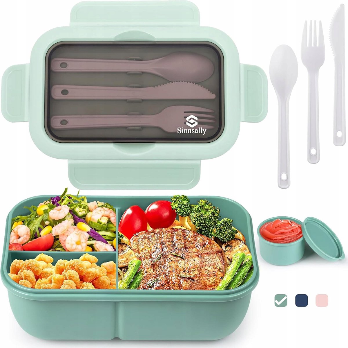 LUNCHBOX met Bestek, 1.25L, Groen, BPA-vrij, Magnetron & Vaatwasserbestendig