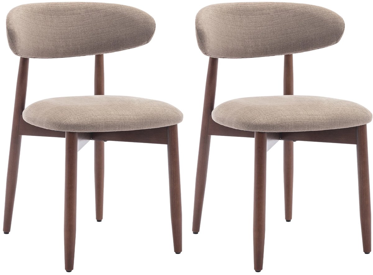 Emvae Stoel - Eetkamerstoel - Set van 2 - Met ronde lopende rugleuning - Gestoffeerd - Massief Houten Frame - 56,4 x 52,6 x 81 cm -Beige Stof