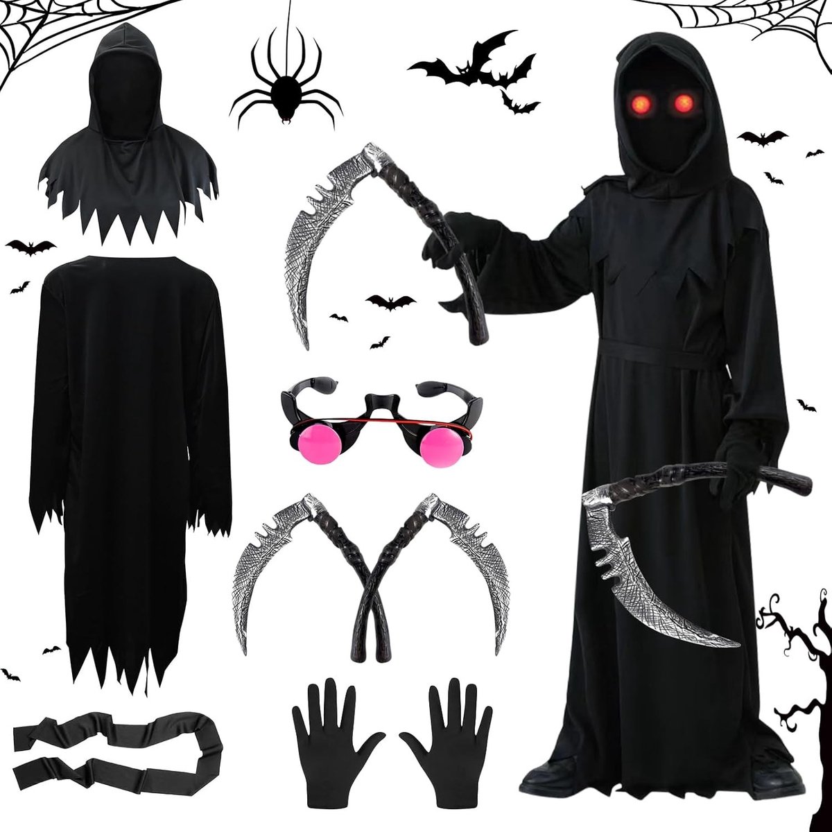 Halloween Kostuum voor Kinderen 120 cm met Luminous Rode Ogen en Zwarte Cape voor Cosplay en Feestjes