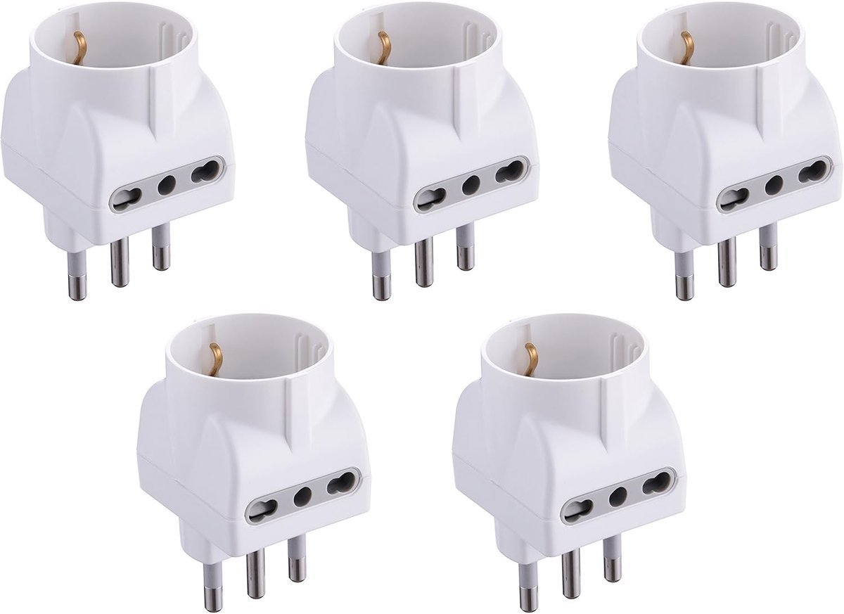 Set van 5 adapters met 3 aansluitingen: 1 Schuko en 2 tweewaardige 10/16 A - Wit