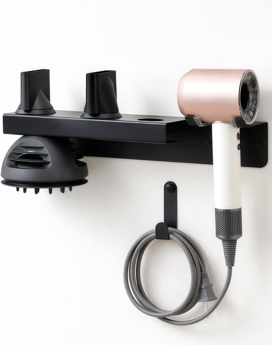 Föhn Houder, Föhn Houder Zonder Boren voor Dyson, Haardrogerhouder van RVS met Magnetische Wandmontage Zwart voor Badkamer Hotel Barbershop Bowyune