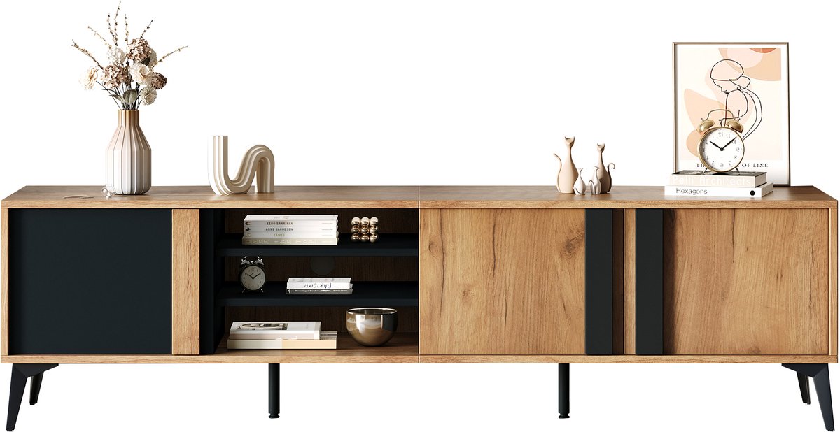 TV Meubel - Met 3 Deuren En Open Vakken 180 cm - Hout en Zwart