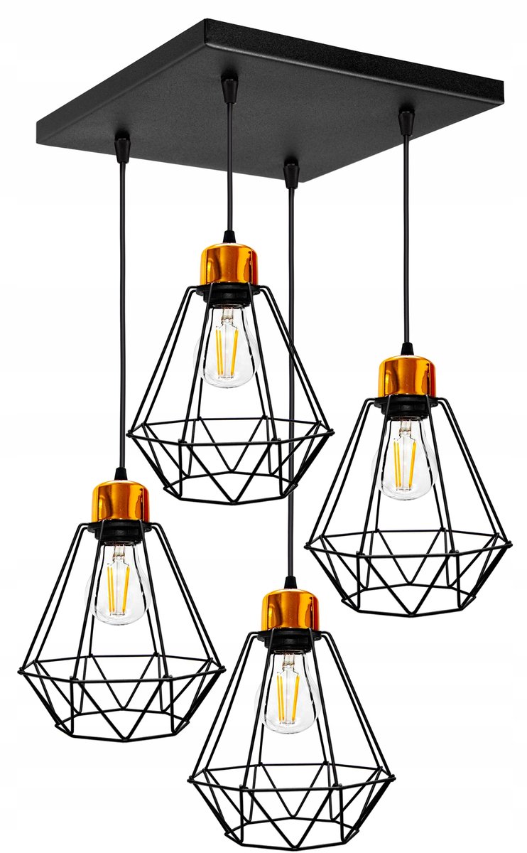 Hanglamp Loft Diamant LED Zwart/Wit met Koperen Accent - 4xE27